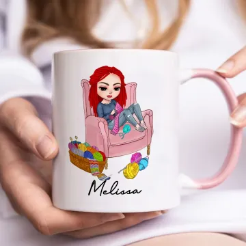 Discover Personalised Multicolour Cartoon Knitted Grl 11oz Mug with Name Birthday Gift for Crochet Sewing Lovers