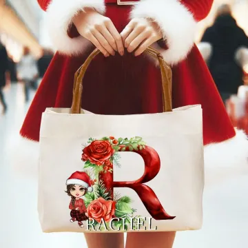 Discover Personalised Holly Floral Initial Cartoon Character Canvas Tote Bag with Name and Leather Handle Christmas Birthday Gift for Girls Women