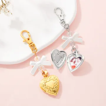 Discover Personalised White Bow Love Locket Bag Charm Keychain with Heart-Shaped Photo Anniversary Birthday Gift for Her