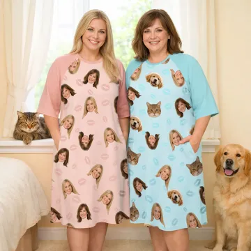 Discover Personalised Multicolor Paw Lip Love 1-4 Face Photos Nightgown with Pocket Daily Wear Birthday Gift for Grandma Mom Woman Pet Lover