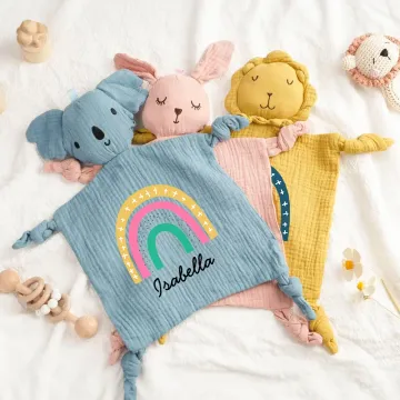 Discover Personalised Cute Bunny Bear Lion Soft Cotton Lovey Animal Baby Security Blanket with Rainbow and Name Birthday Baby Shower Gift for Newborns