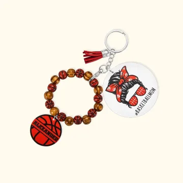 Discover Personalised Wooden Beads Sport Mom Wristlet Keychain Bracelet with Tassels Game Day Gift for Women