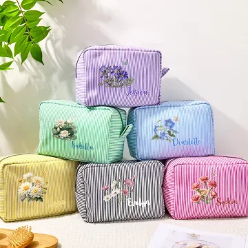 Discover Personalised Vintage Birth Flower Multicolor Portable Stripes Makeup Bag with Name Daily Travel Essentials Birthday Gift for Women