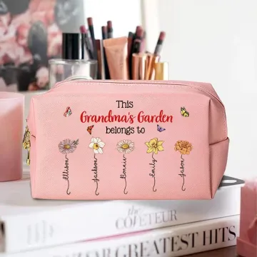 Discover Personalised Birth Flower Garden  Leather Makeup Pouch Bag with Birth Flower and Name Portable Travel Essentials Birthday Mother's Day Gift for Her