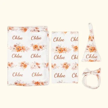 Discover Personalised Cute Peach Floral Name Baby Girl Soft Swaddle Blanket Set with Hat and Headband Baby Shower Coming Home Gift for Newborn