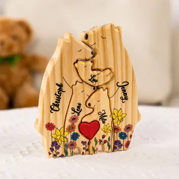 Discover Personalised Wooden Cute Floral Hug Bear Family Puzzle with Lover Heart and 2-8 Names Desk Decoration Birthday Anniversary Gift for Family