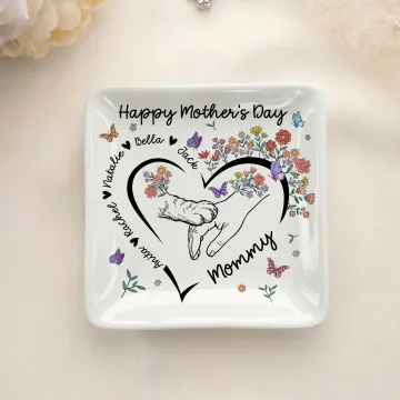 Discover Personalised Paw Hands Flower Butterfly Heart Ceramic Trinket Jewellery Dish with 1-5 Names Mother's Day Birthday Gift for Mom Grandma