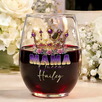 Discover Personalised Mama Queen Floral Crown 15 oz  Stemless Wine with Name Mother's Day Birthday Gift for Women Mom