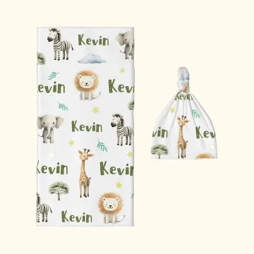 Discover Personalised Jungle Safari Animal Swaddle Blanket and Hat Set with Name Birthday Baby Shower Gift for Newborn Kids