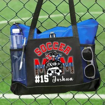 Discover Personalised Multicolour Football Soccer Mom Large Capacity Leopard Print Mesh Belt Tote Bag with Name and Number Birthday Gift for Women