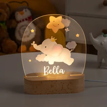 Discover Personalised Cute Animal Elephant Lion Name LED Night Light with Wood Base Nursery Kid Room Decor Birthday Gift for Boys Girls