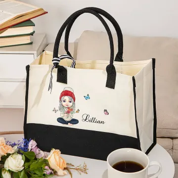 Discover Personalised Cartoon Character Birth Flower Canvas Tote Bag with Name Waterproof Lining Christmas Birthday Mother's Day Gift for Women