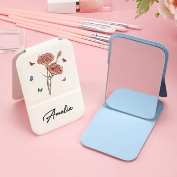Discover Personalised Birth Flower Butterfly PU Leather Makeup Mirror with Name Foldable Travel Essentials Birthday Anniversary Gift for Women