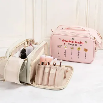Discover Personalised This Belongs To 1-12 Birth Flowers PU Leather Makeup Bag with Names and Handles Mother's Day Birthday Gift for Mom Grandma