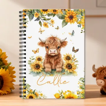 Discover Personalised Cute Sunflower Highland Cow A5 Spiral Notebook with Name and 120 Lined Pages Daily Use Birthday Gift for Family Kids