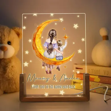 Discover Personalised Moon Star Mom Child Back View Cartoon LED Night Light with Wooden Base Name and Text Mother's Day Birthday  Gift for Mother Kids
