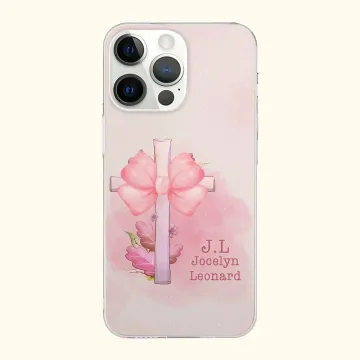 Discover Personalised Pink Coquette Bow Tie Cross Phone Case for iPhone with Name and Initial Birthday Gift for Her