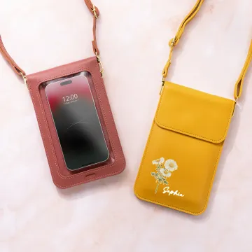 Discover Personalised Birth Flower Portable PU Leather Crossbody Bag with Name and Touch Screen Window Travel Daily Use Birthday Gift for Women