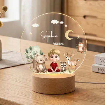Discover Personalised Children's Cartoon Character Forest Animals Acrylic Night Light with Name and Wooden Base Room Decor Mother's Day Gift for Mom Baby