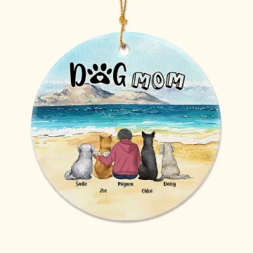 Discover Personalised Dog Mom or Dog Dad Round Ceramic Ornament with Sea Scenery Background Christmas Birthday Father's Day Gift for Dog Lover