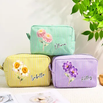Discover Personalised Multicolor Birth Flower Striped Makeup Bag with Name Daily Travel Essential Birthday Gift for Women
