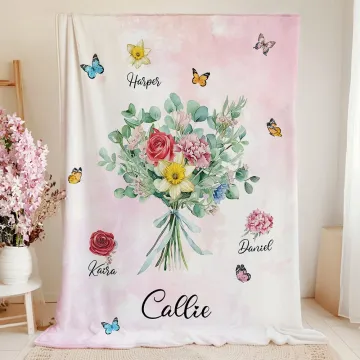 Discover Personalised Watercolour Birth Flower Bouquet Butterfly Soft Throw Blanket with Name Home Decor Birthday Gift for Family Women
