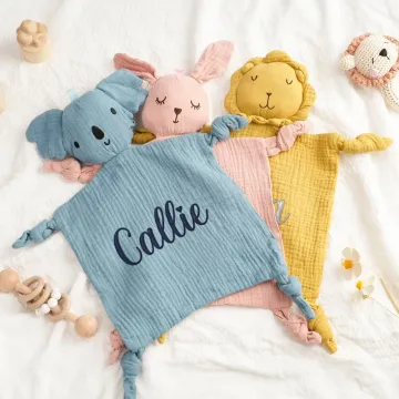 Discover Personalised Cute Bunny Bear Lion Cotton Muslin Soft Baby Loveys Security Blanket with Embroidery Name Baby Shower Birthday Gift for Boys Girls
