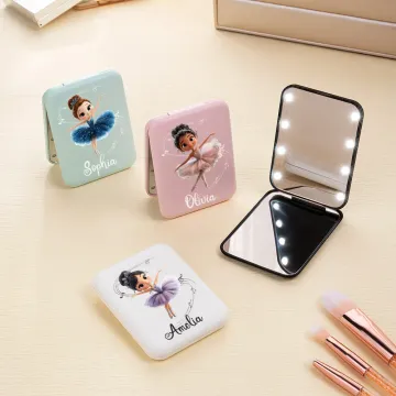 Discover Personalised Cartoon Ballet Girl Double-Sided Makeup Mirror with LED Light and Name Birthday Gift for Ballerina Girl Ballet Lovers