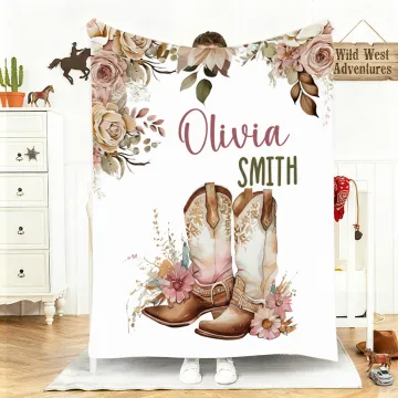 Discover Personalised Floral Cowgirl Boots Western Soft Throw Blanket with Name Home Decor Western Nursery Birthday Gift for Cowgirls Friends