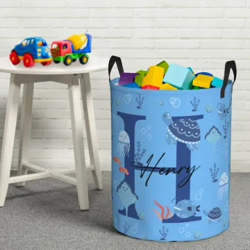 Discover Personalised Cute Marine Animal Initial Large Waterproof Laundry Storage Basket with Name and Handle Birthday Housewarming Gift for Boys Girls
