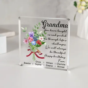 Discover Personalised Birth Flower Bouquet Square Acrylic Block with Name and Greeting Message Birthday Gift for Best Friend Mom Grandma