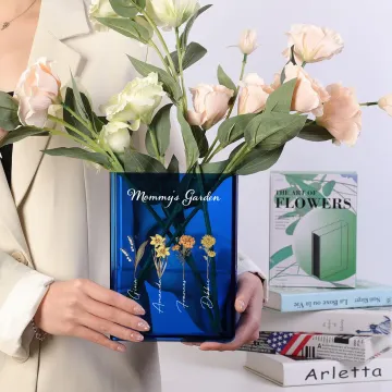 Discover Personalised 1-10 Birth Flowers Clear Book Vase with Name and Title Bookshelf Room Decor Birthday Gift for Mother Grandmother Book Lovers