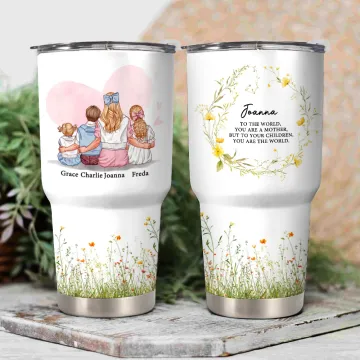 Discover Personalised Watercolour Flower Mom and 1-3 Kids Cartoon Characters 30 oz Insulated Tumbler with Names Mother's Day Appreciation Gift for Mom