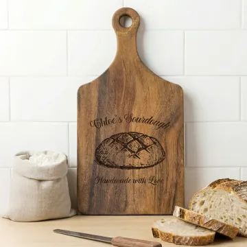 Discover Personalised Exquisite Sourdough Cutting Board with Paddle Handle and Name Birthday Housewarming Mother's Day Gift for Bakers Sourdough Enthusiasts