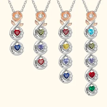 Discover Personalised Rose Flower Necklace with 2-5 Heart Birthstones and Engraved Names Birthday Mother's Day Gift for Her
