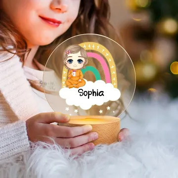 Discover Personalised Cartoon Baby Rainbow Cloud Acrylic LED Night Light with Wooden Base and Name Room Decor Birthday Gift for Kids