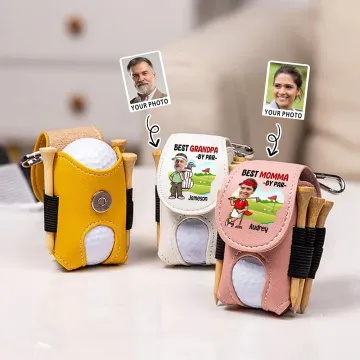 Discover Personalised Multicolour Cartoon Golf Character Photo Leather Golf Ball Bag Tee Holder with Name Father's Day Birthday Gift for Golf Lover