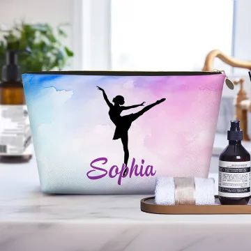 Discover Personalised Watercolour Dancer Silhouette Portable Makeup Bag with Name Travel Storage Anniversary Birthday Gift for Dance Lovers