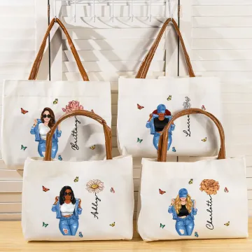 Discover Personalised Cartoon Fashion Girl Birth Flower Canvas Tote Bag with Name and Leather Handle Travel Accessories Birthday Gift for Women
