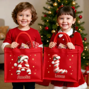 Discover Personalised Santa Claus Sweets Cane Style Initials Large Jute Tote Bag with Name Daily Use Christmas Gift for Family Friends