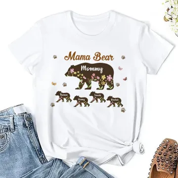 Discover Personalised Floral Cute Bear Paw Print T-shirt Sweatshirt with Title and 1-12 Names Mother's Day Birthday Gift for Mom Grandma Family