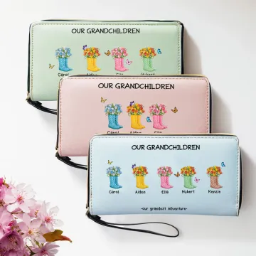 Discover Personalised Our Grandest Adventure Floral Boots Leather Long Wristlet Zippered Wallet with 2-6 Names Birthday Mother's Day Gift for Women