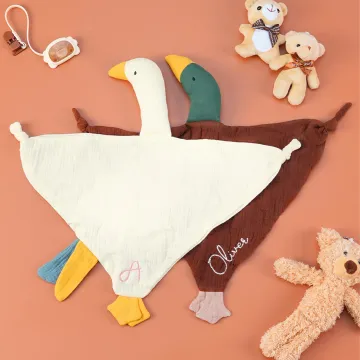 Discover Personalised Cute Mallard Duck Goose 100% Cotton Soft Baby Security Blanket with Embroidered Name Birthday Baby Shower Gift for Newborn New Mom