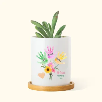 Discover Personalised Ceramic Handprint Bouquet Plant Pot with Bamboo Base Mother’s Day Gift for Mom