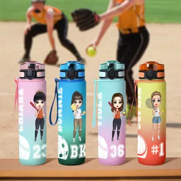 Discover Personalised Baseball Tennis Pickleball Cartoon Character Name 32 oz Sport Water Bottle with Number Scale Birthday Gift for Women Ball Sport Lovers