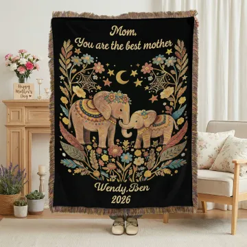 Discover Personalised Bohemian Style Elephant Tassel Blanket with Name Title Year Date Birthday Mother's Day Gift for Mom Grandma
