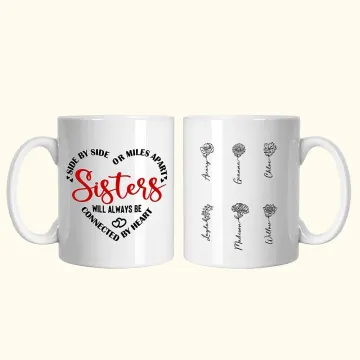 Discover Personalised Sisters Will Always Be Connected Heart Ceramic Birth Flower Mug with 2-10 Names Birthday Gift for Sisters Friends