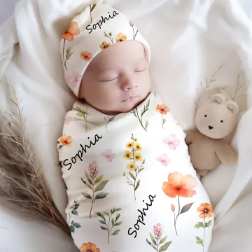 Discover Personalised Watercolour Wildflowers Swaddle Blanket and Knot Hat Set with Name Nursery Decor Baby Shower Birthday Christmas Gift for Newborn Baby