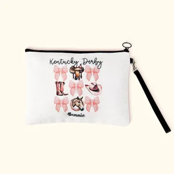 Discover Personalised Cute Kentucky Derby Coquette Bow Women Makeup Bag with Name and Wrist Strap Portable Travel Accessory Gift for Horse Lovers