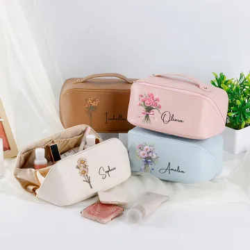 Discover Personalised Birth Flower Multi Compartment PU Leather Makeup Bag with Name Travel Essential Birthday Gift for Sisters Friends